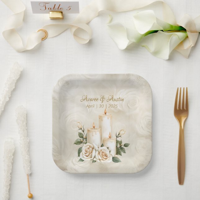 Gold and White Roses  Candlelight Paper Plates (Wedding)