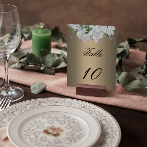Gold and White Roses Elegant Wedding  Table Number