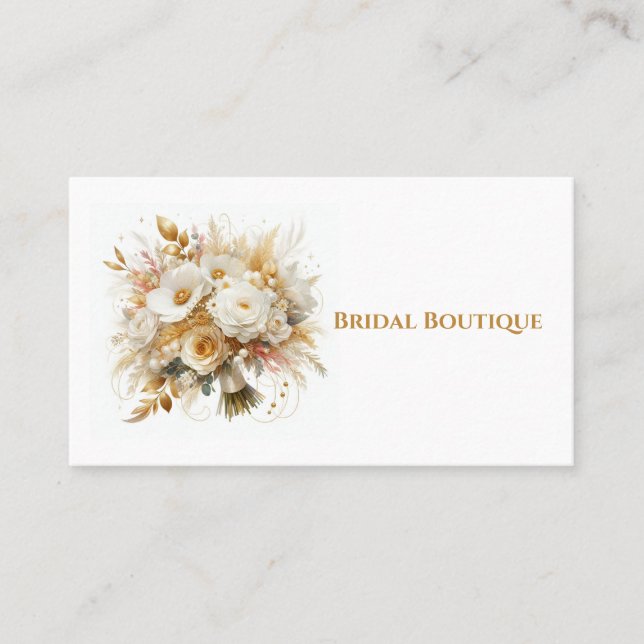Gold and White Roses Wedding Bouquet Business Card (Front)