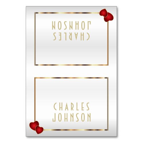 Gold and White Satin with Red Hearts _ Place Cards