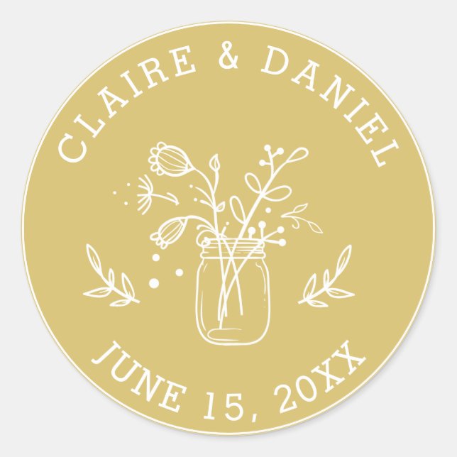 Gold and White Save the Date Mason Jar Flowers Classic Round Sticker (Front)