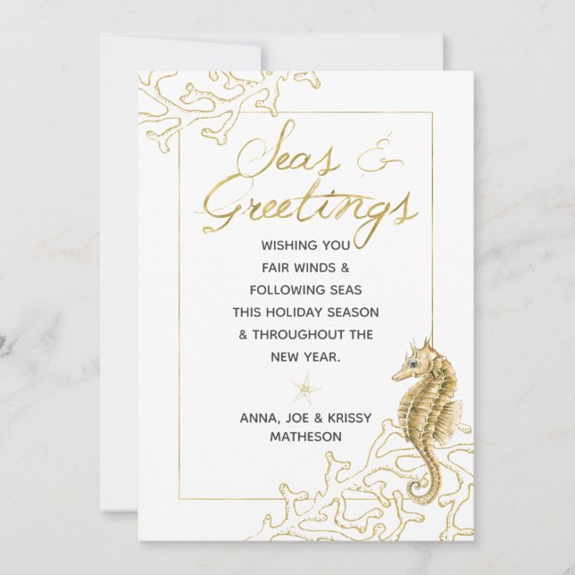 Gold and White Seas & Greetings Nautical Christmas Holiday Card (Front)