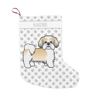 Gold And White Shih Tzu Cartoon Dog &amp; Name Small Christmas Stocking