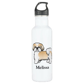 Gold And White Shih Tzu Cartoon Dog &amp; Name Stainless Steel Water Bottle