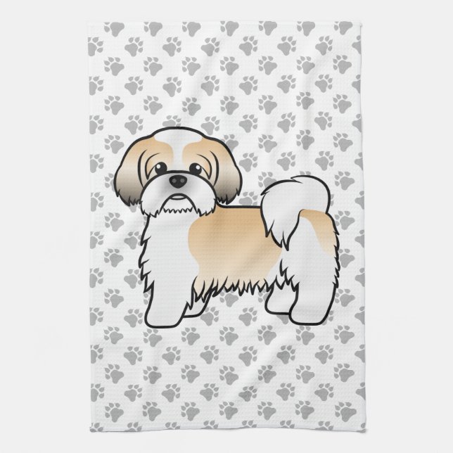 Gold And White Shih Tzu Cute Cartoon Dog Kitchen Towel (Vertical)