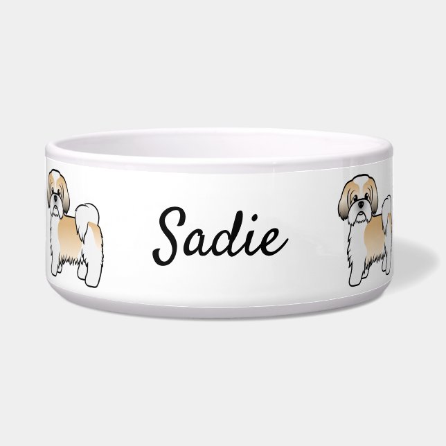 Gold And White Shih Tzu Cute Cartoon Dog & Name Bowl (Front)
