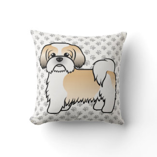 Gold And White Shih Tzu Cute Cartoon Dog &amp; Paws Throw Pillow