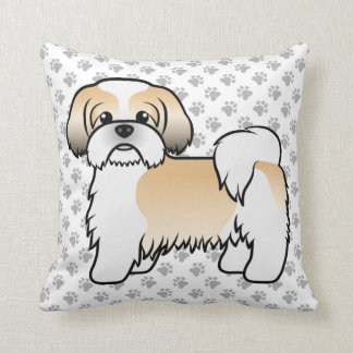 Gold And White Shih Tzu Cute Cartoon Dog &amp; Paws Throw Pillow