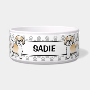 Gold And White Shih Tzu Cute Dog With Paws & Name Bowl