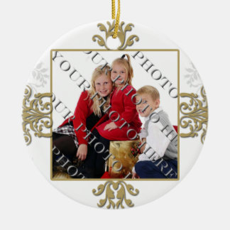 Gold and White Silver Damask Photo Ceramic Ornament