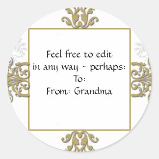 Gold and White Silver Damask Photo Logo Classic Round Sticker