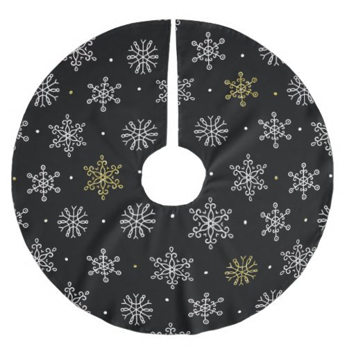 Gold and White Snowflakes on Black Christmas Brushed Polyester Tree Skirt
