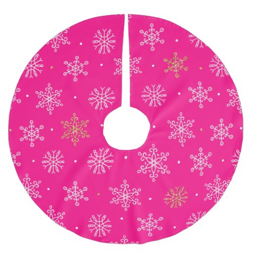 Gold and White Snowflakes on Hot Pink Christmas Brushed Polyester Tree Skirt