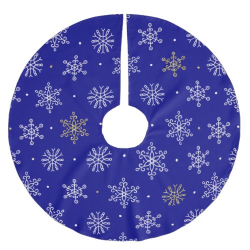 Gold and White Snowflakes on Navy Blue Christmas Brushed Polyester Tree Skirt