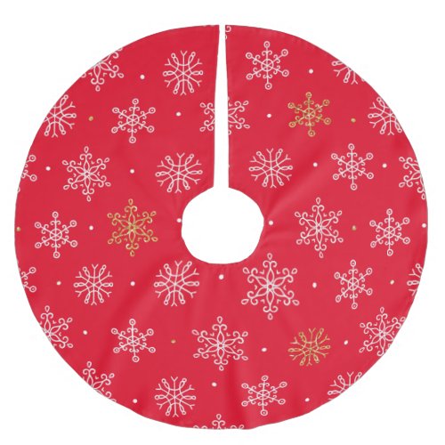 Gold and White Snowflakes on Red Christmas Holiday Brushed Polyester Tree Skirt