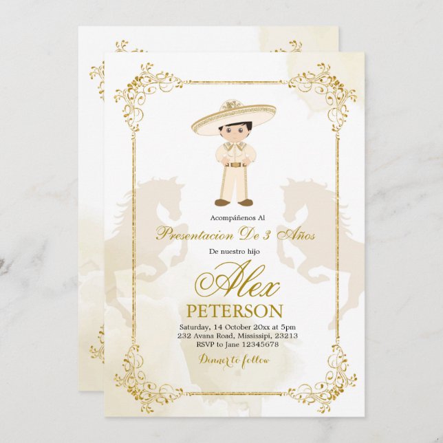 Gold and White Spanish Mexican Boy Charro Invitation (Front/Back)