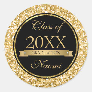 Gold And White Sparkling Glitter Black Circle Classic Round Sticker