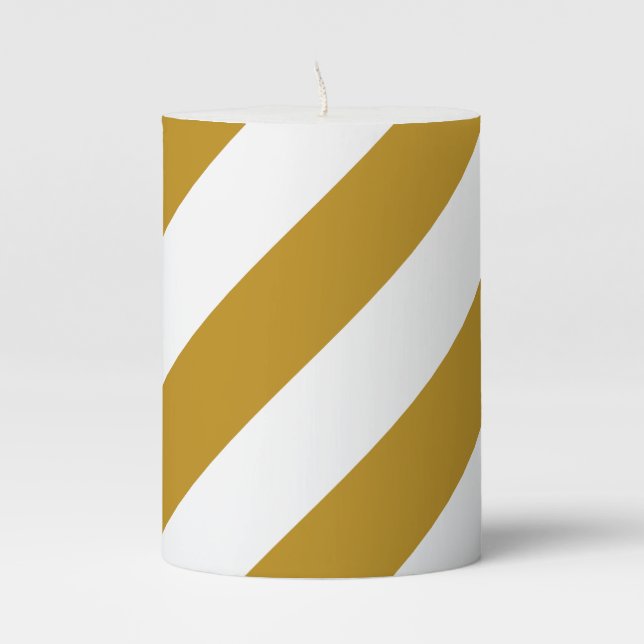 Gold and White Striped Christmas Pillar Candle (Front)