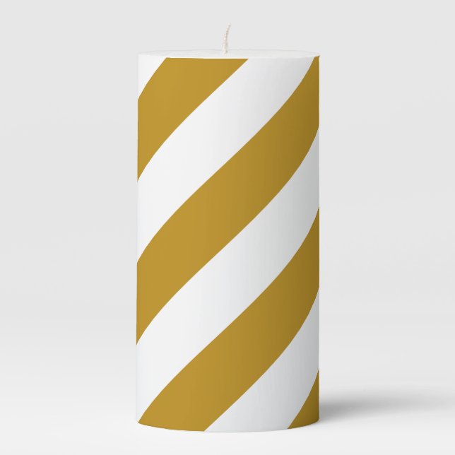 Gold and White Striped Christmas Pillar Candle (Front)