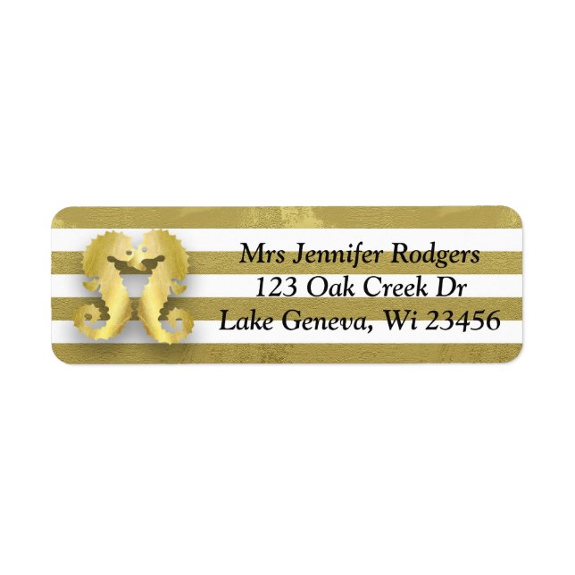 Gold and White Striped Seahorses Beach Themed Label (Front)