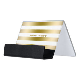 Gold And White Stripes Desk Business Card Holder