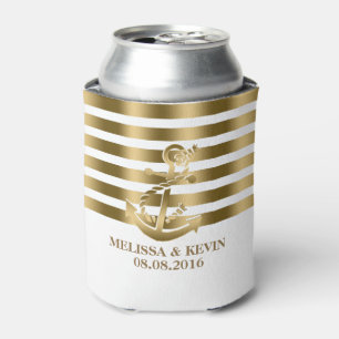 Gold And White Stripes Gold Nautical Boat Anchor Can Cooler