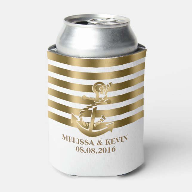 Gold And White Stripes Gold Nautical Boat Anchor Can Cooler (Can Front)