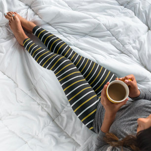 Gold and White Stripes on Black Leggings