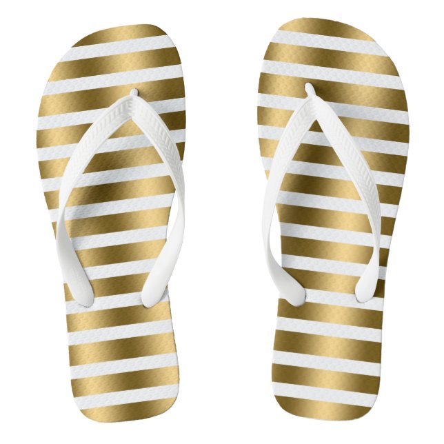 Gold And White Stripes Pattern Flip Flops (Footbed)