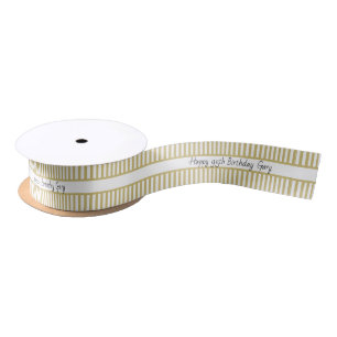Gold and White stripes Pattern Happy Birthday Satin Ribbon