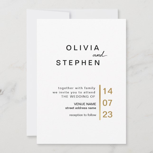 Gold and white. Stylish minimal Typography Wedding Invitation (Front)