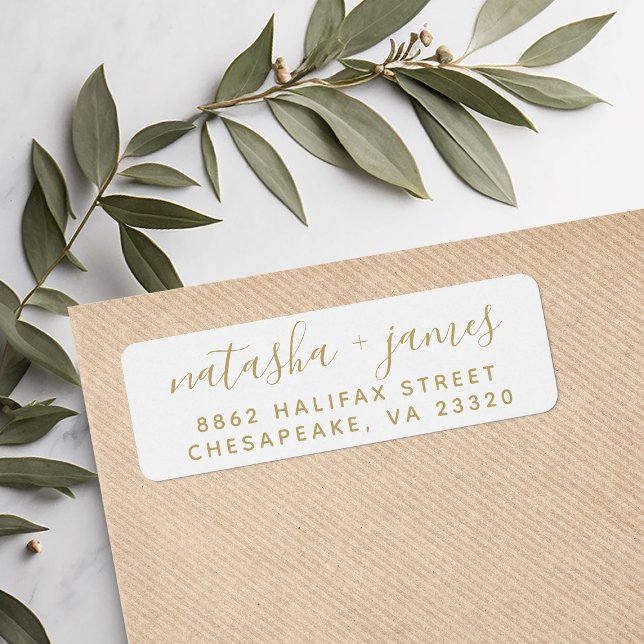 Gold and White Stylish Script Wedding Address Label (Creator Uploaded)