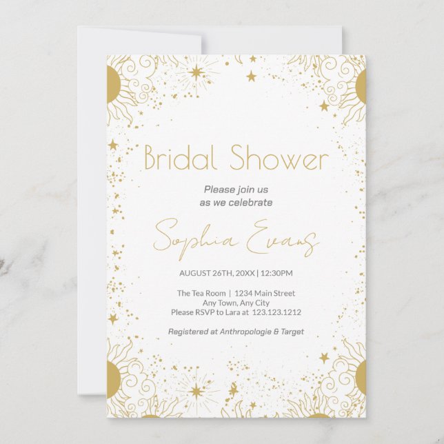 Gold and White Sun & Stars Celestial Bridal Shower Invitation (Front)