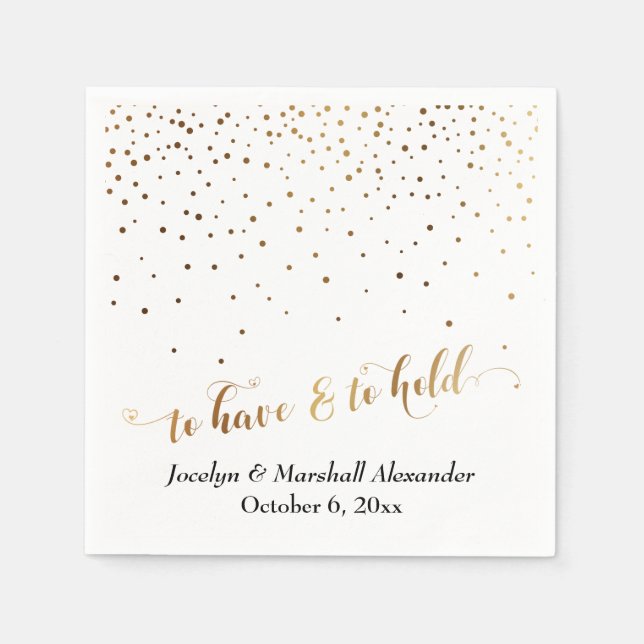 Gold and White To Have & To Hold Hearts Confetti Napkins (Front)