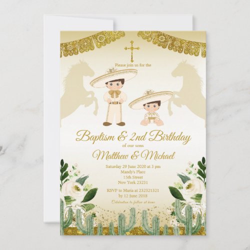 Gold and White Twin Boys Baptism  2nd Birthday Invitation