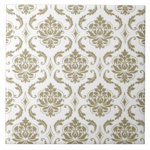 Gold and White Vintage Damask Pattern Ceramic Tile