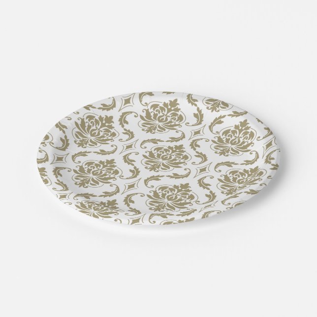 Gold and White Vintage Damask Pattern Paper Plates (Angled)