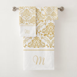 Gold and white vintage damasks monogram 2 bath towel set