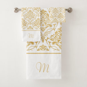 Gold and white vintage damasks monogram 2 bath towel set
