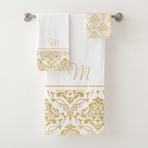 Gold and white vintage damasks monogram bath towel set