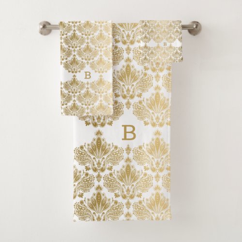 Gold and white vintage floral damasks pattern bath towel set