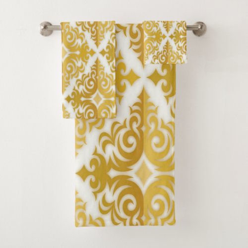 Gold and white wallpaper damask bath towel set