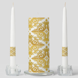 Gold and white wallpaper damask unity candle set