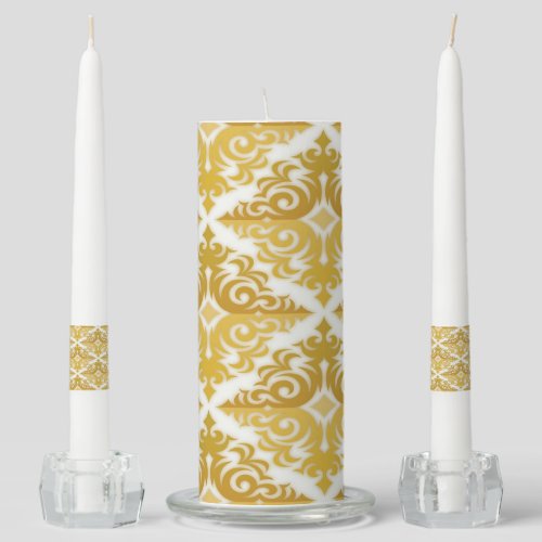 Gold and white wallpaper damask unity candle set