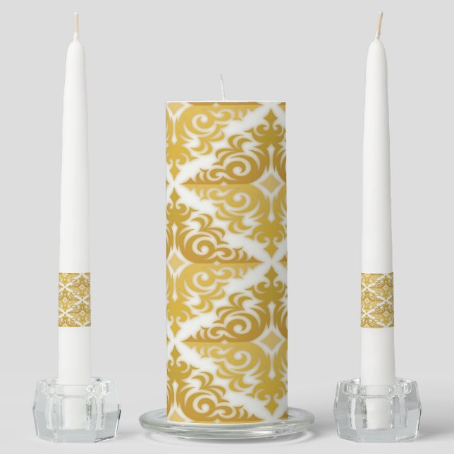 Gold and white wallpaper damask unity candle set (Front)