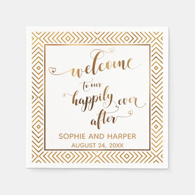 Gold and White Welcome to Our Happily Ever After Napkins (Front)