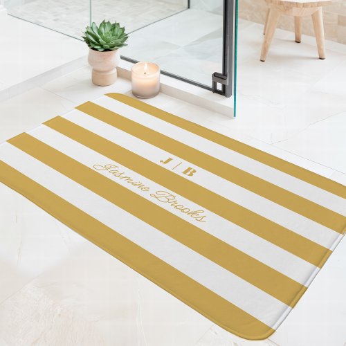 Gold And White Wide Stripes Monogram Name Bath Mat