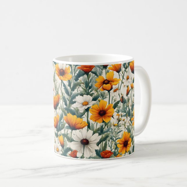 Gold and White Wildflowers Coffee Mug (Front Right)