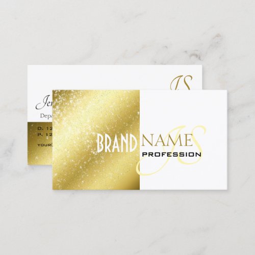 Gold and White with Glittery Stars Modern Monogram Business Card