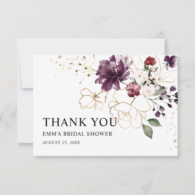 Gold and Wine Floral Thank Bridal Shower You Card (Front)
